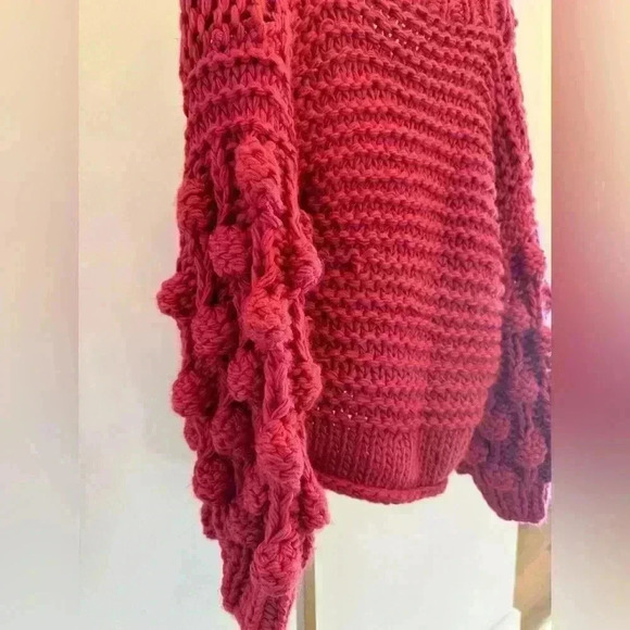 Nasty Gal Women's Deep Pink/Red Pom Pom Chunky Knit Sweater Size S Pullover - Picture 11 of 12